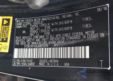 2018 Toyota Highlander Le Plus из США, поврежденный, VIN 5TDBZRFH0JS891258